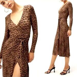 NWT GOOD AMERICAN Daynight Wrap Dress Leopard Print Sz 0 (XS) Long Sleeve Midi